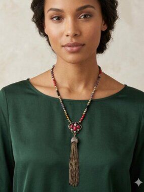 Mala Inspired Beaded Necklace Metal Tassel